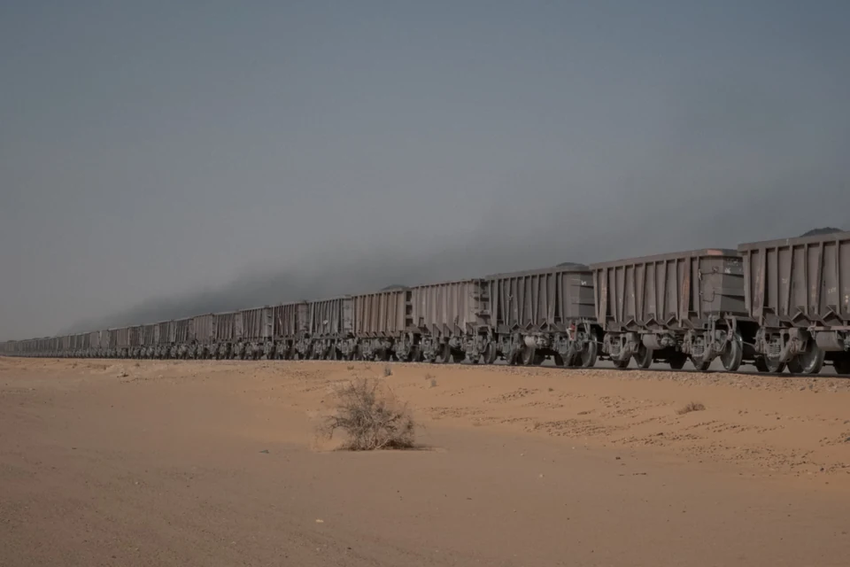 Iron-ore wagons extending across the desert in northern Mauritania.
