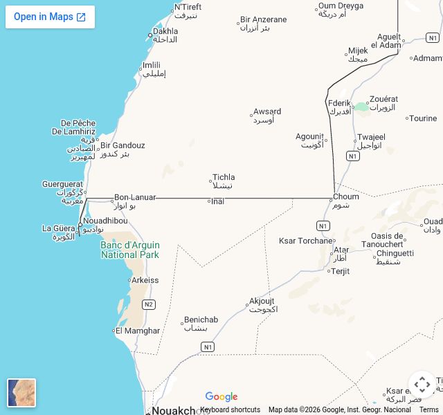 Google Maps reference showing Choum and Nouadhibou in northern Mauritania, with original map attribution.