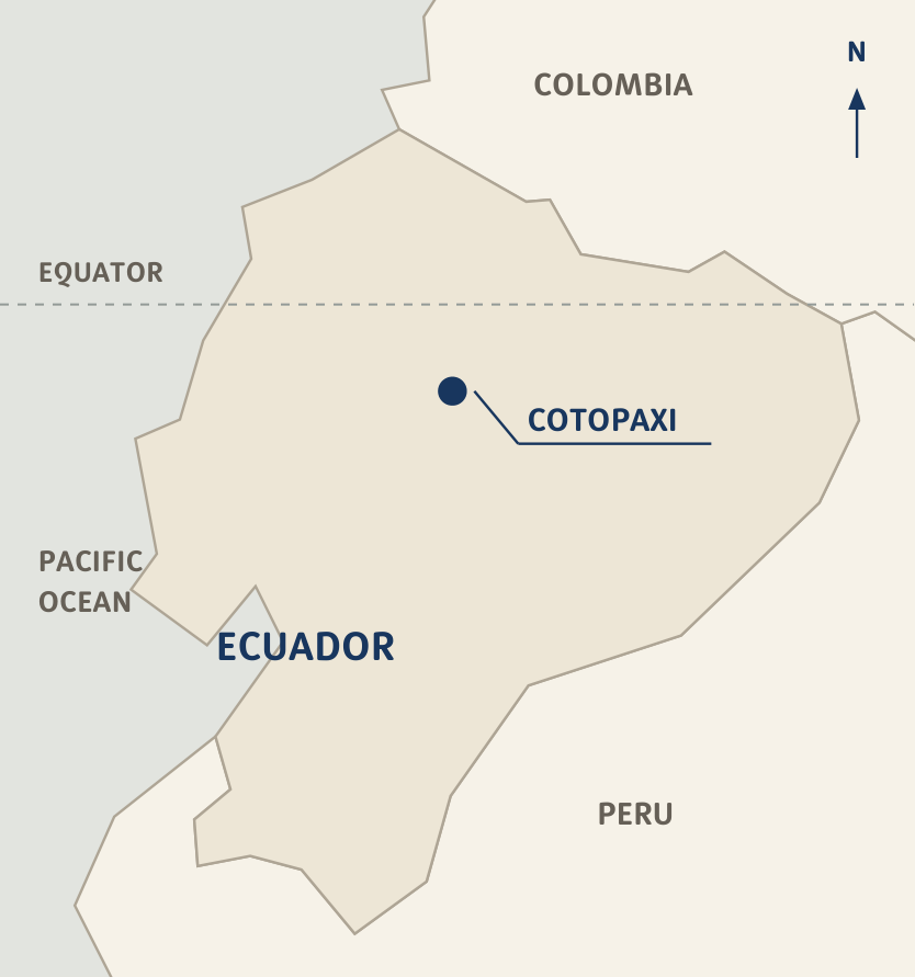 Locator map of mainland Ecuador, showing Cotopaxi south of the equator, with Colombia, Peru and the Pacific Ocean for orientation.