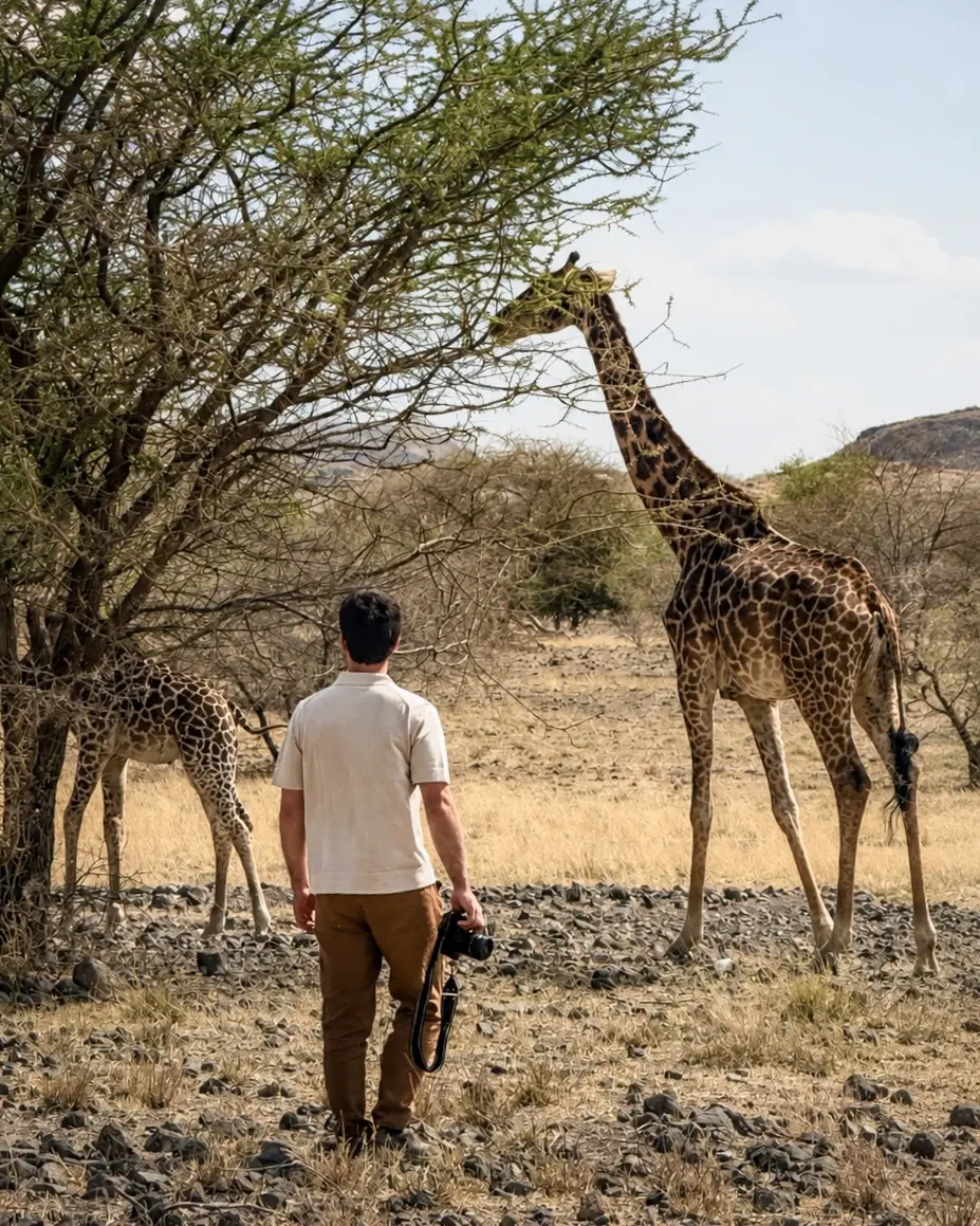A pause beneath trees with giraffes in the distance and a camera at hand.