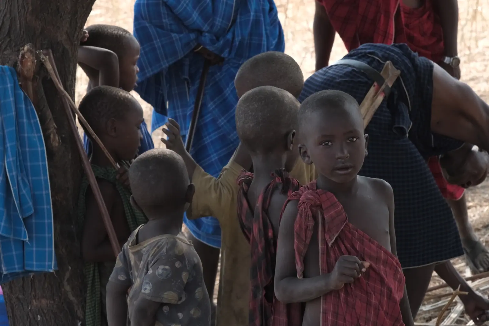 Children standing together in the shade near Lake Natron.